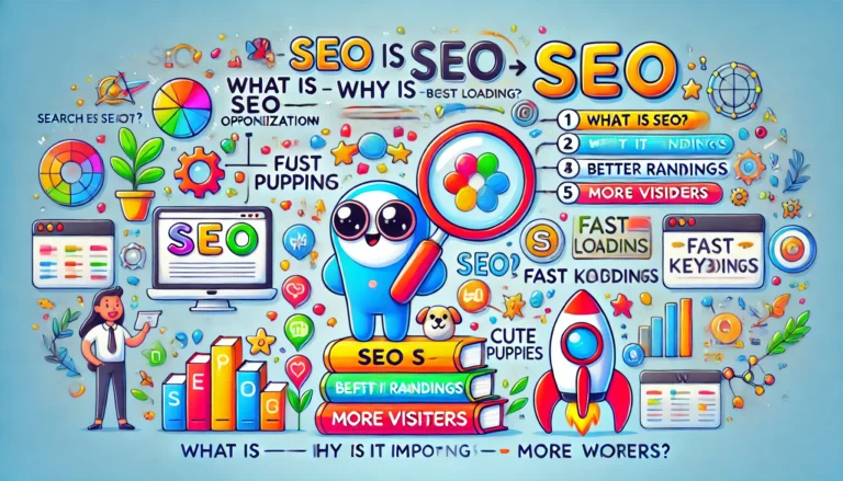 An engaging and colorful illustration explaining SEO (Search Engine Optimization) for beginners. The image features_ 1) A friendly cartoon-style searc