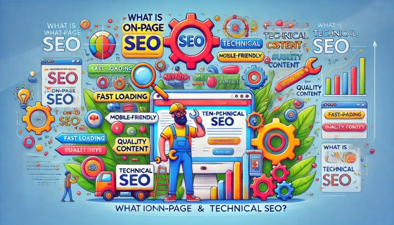 A vibrant and engaging illustration explaining On-Page and Technical SEO for beginners. The image features_ 1) A cartoon-style website decorated with