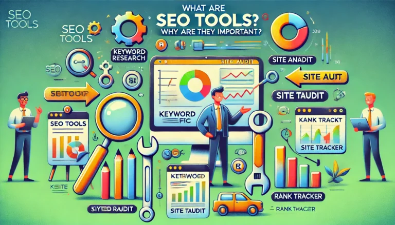 An engaging and educational illustration showcasing the concept of SEO tools and their importance. The image features_ 1) A set of vibrant, cartoon-st