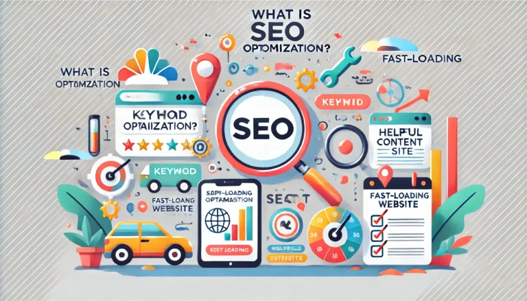 An educational and visually engaging illustration titled 'What is SEO Optimization_' designed for a beginner-friendly presentation. The image includes