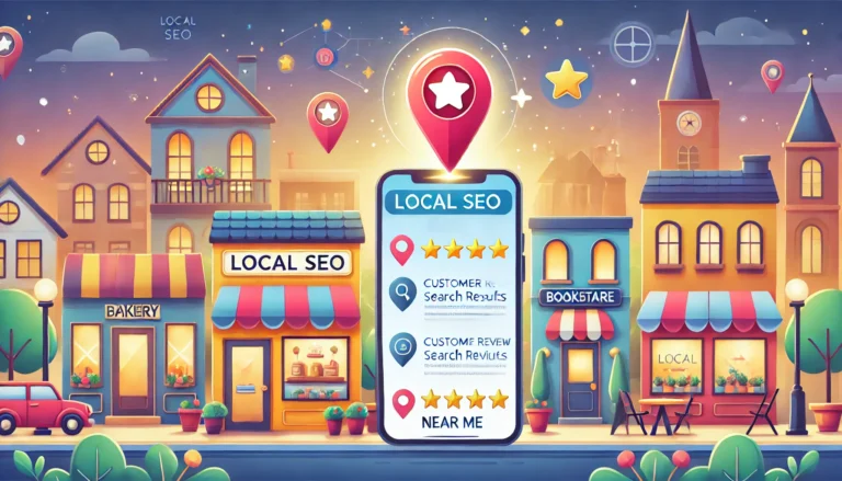 An inviting and colorful illustration for a blog post about local SEO. The image features a bustling neighborhood scene with small businesses like a b