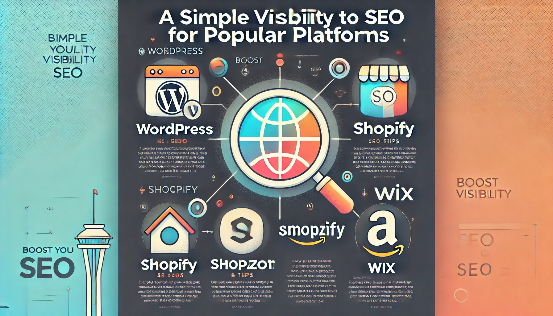 A visually engaging guide image for 'A Simple Guide to SEO for Popular Platforms.' The design should feature a clean, professional layout with icons r