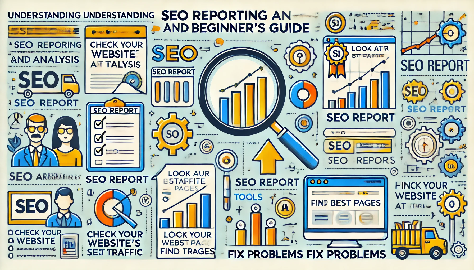 An educational infographic for 'Understanding SEO Reporting and Analysis_ A Beginner's Guide.' The design includes a central illustration of a magnify