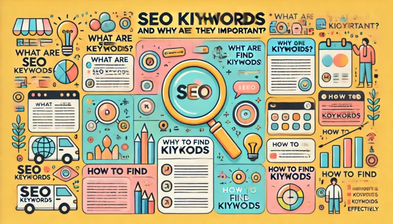 An informative and colorful infographic for 'What Are SEO Keywords and Why Are They Important_' featuring icons and visuals. Include a central graphic